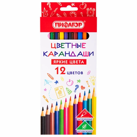 Карандаши цветные ПИФАГОР 12 цветов с пластиковым шестигранным корпусом